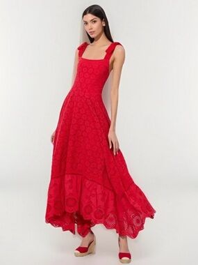 Alice + Olivia Rosalee Red Eyelet Maxi Dress Size 12 NWT $795